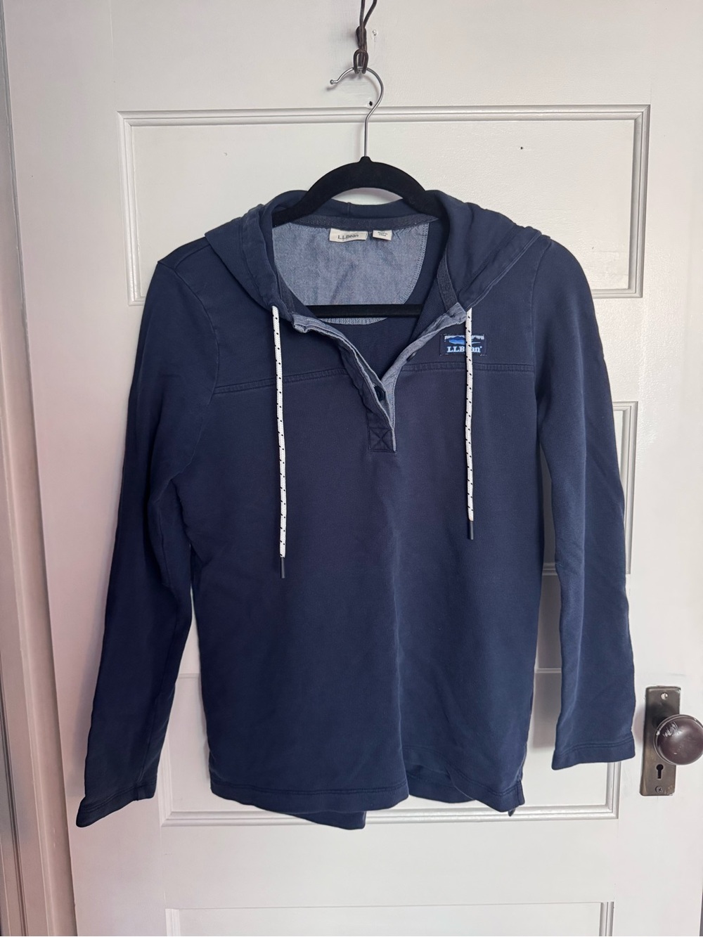 L.L. Bean Navy Hooded Pullover with White Drawcords